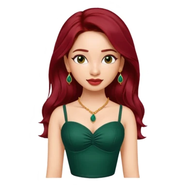 pretty bratz genmoji that looks like tamannah bhatia (bollywood actress), wearing a dark green sweetheart neckline top, dark red hair, light makeup, no necklace, dangly earrings, side hair part sticker