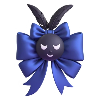 3D emoji gothic bow, midnight blue silk, silver crescent moon, black feather accents, mysterious and lush sticker