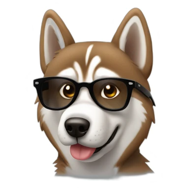 Brown husky in black wayfarer looking cool with bad fingers sticker