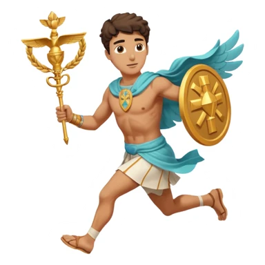 a guy (hermes) running with his caduceus and a petasos on his head in a greek tunic sticker