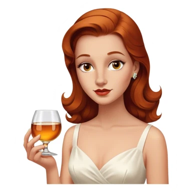 normal nose oval face Beautiful woman in 1950’s woman fashion look, no jewelry, white dress, long auburn hair, whisky sticker