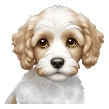 White cavapoo puppy with medium sized very light brown spot on right ear and chest sticker