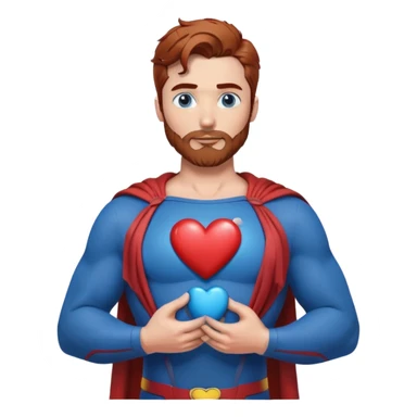 Adult-tall-full body- Superman-with redish brownish messy hair-full neatly trimmed beard-blue eyes-holding a blue heart with both hands on chest sticker