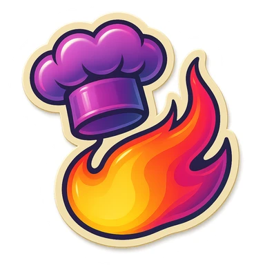 chef's hat with a trail of fire emoji, playful, synthwave colors, vibrant, matching style reference file
 sticker