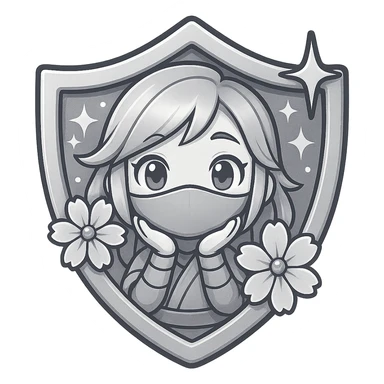 Change the badge color to silver for the Silver rank, keeping the same design of a chibi ninja girl with sakura flowers and sparkly effects, maintaining the badge shape. The image should have a transparent background and be sized for Twitch or Discord use. sticker