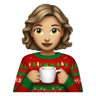 Short haired light brown girl with green eyes drinking coffee wearing Christmas sweater sticker