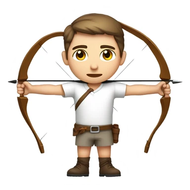 a male archer aiming with a bow facing  his target, eyes closed, wearing a white shirt, very short brown hair, bright skin, only show upper part of the body from waist up sticker