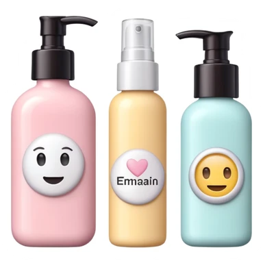 emoji of three different beauty products, with brand labels, minimalistic but luxury design (realistic), pastel colors sticker