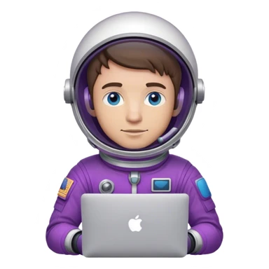guy astronaut with purple suit, blue eyes, brown hair and one macbook sticker
