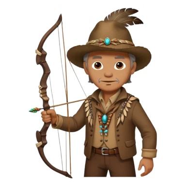The classic image of a middle-aged uncle hunter carrying a bow, dressed in brown clothes, with some ornaments made of feathers, bones or teeth on his body. sticker