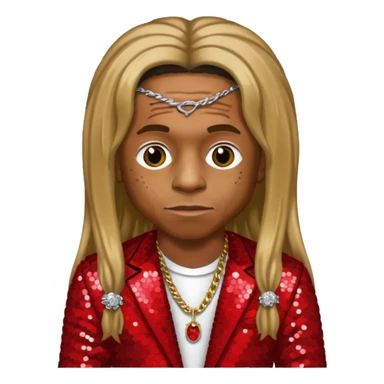 Lil Wayne with long dark blonde hair, red sequin outfit sticker