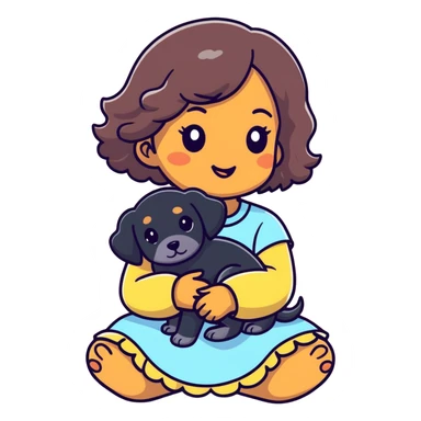 Chica cabello ondulado, media morena, con un cachorro negro  sticker