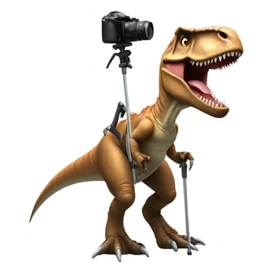 1 legged t-rex with crutch and camera sticker