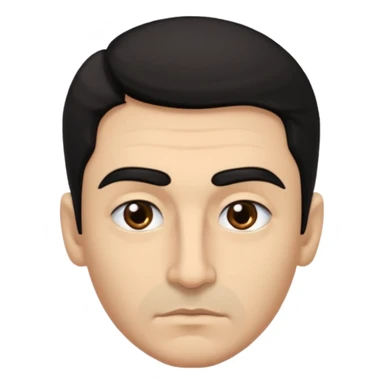 emoji a medio cuerpo, de un hombre, con cejas gruesas inclinadas hacia abajo, nariz medio grande, hombros anchos, sin sonrisa, hombros anchos, cabello medio ondulado con un corte juvenil, cabello negro. ojos negros. sticker