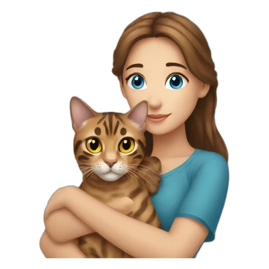 a beautiful girl with blue eyes and brown hair is holding a Bengal cat with yellow eyes in her arms sticker