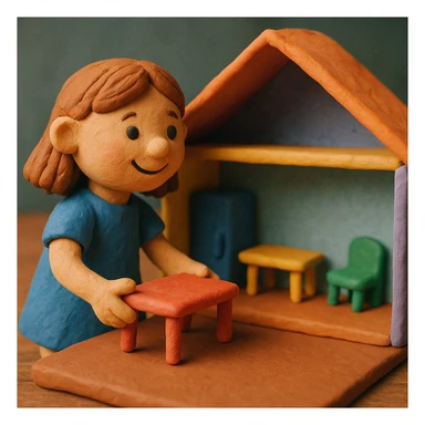 smiling girl arranging furniture in doll house sticker