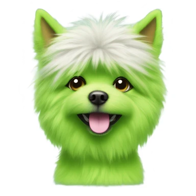 lime green fluffy dog with pointy ears with a martini sticker