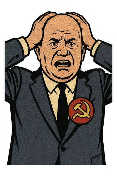 Soviet leader Khrushchev facing forward. He is wearing a suit with a large communist badge on his chest with his hands on his head looking worried. sticker