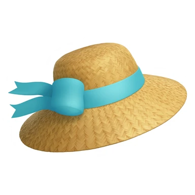 a straw hat with a light blue ribbon and bow sticker