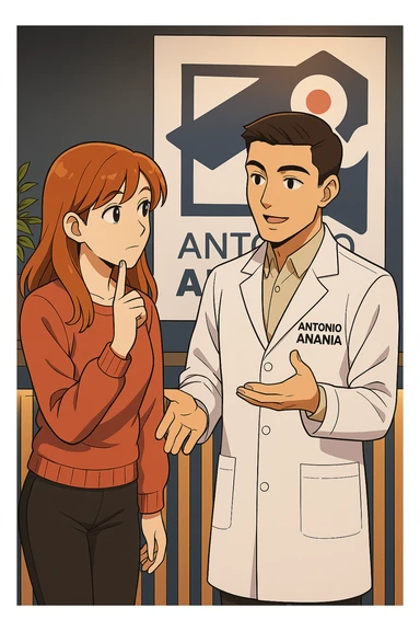su questo stile fai un manga/webtoon a colori in cui una donna SI TOCCA IL MENTO MENTRE FA UNA DOMANDA ALL'UOMO, l'uomo della foto in stile manga LE SPIEGA CHE DEVE PROVARE LA SUA VALUTAZIONE MEDICA, mantieni un ambiente simile alla foto che ho allegato con il suo logo (sarebbe il suo studio, lui è un kinesiologo), scrivigli "ANTONIO ANANIA" sul camice bianco, non mettere fumetti, ma fai in modo che sembri che la donna CHIEDA E  l'uomo RISPONDA sticker