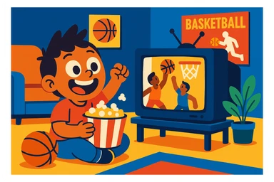 child excitedly watching a basketball game on TV in a living room with a playful atmosphere sticker