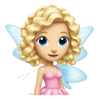 Fairy, a blonde hair with blue eyes and a pink dress with sparkly wings. Flowers. White wings. The fairy has long, curly hair with a lot of volume sticker