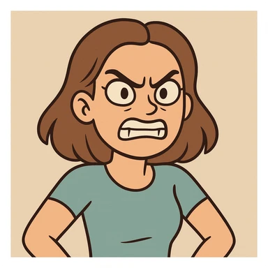 woman making grr, angry expression, arched eyebrows, mouth showing teeth, cartoon style sticker