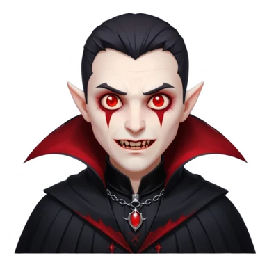 vampire village folk portrait, head and shoulders only, dark cloak collar, sharp fangs, red glowing eyes, gothic vibe, 3D cartoon, mobile game icon style, clean background, no text, no watermark

 sticker