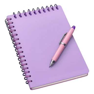 spiral notebook in soft pink, soft purple pen placed on it, iOS emoji style sticker