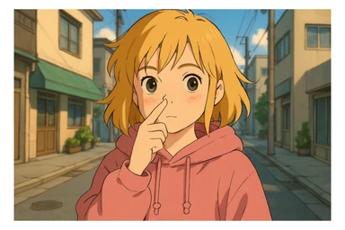 A girl yellow hair brown eyes pink Urban Heavy Loose Fit Hood Sweat touch your nose  sticker