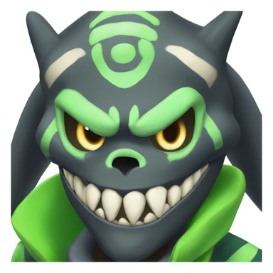 Digimon-Fakémon, horns, black body, green hair, anthro, furry, shark, skull face, skull mask, green stripes, tufted tail,  sticker