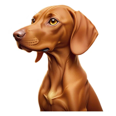 Cinematic Noble Vizsla Portrait Emoji, Poised and regal, with a sleek, athletic build and a short, smooth Fur of rust and gold, deep-set soulful amber eyes, Simplified yet sharp and sophisticated features, highly detailed, glowing with a soft, dignified glow, high shine, intelligent and agile, stylized with an air of determination, focused and attentive, soft glowing outline, capturing the essence of a watchful and confident companion, so majestic it feels as though it could sprint out of the screen with effortless authority! sticker