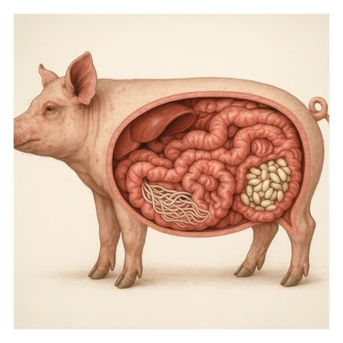 realistic illustration cross section of a pig showing intestine full of parasites white worms and larvae anatomical details clinical background 4K quality sticker