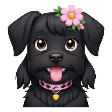 pale girl smiling with light eyes and long black hair wearing black shirt on and smiling black schnauzer with pink flower collar sticker