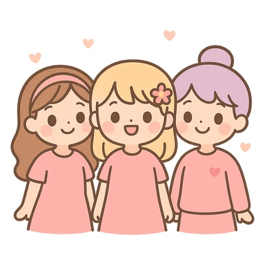 three girl best friends, cute cartoon style, top half of their bodies visible, all wearing pink, smiling, cheerful expressions sticker