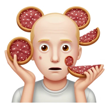 a stunned face emoji with salami slices covering the eyes sticker