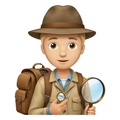 Explorer young man with hat and magnifying glass and backpack, portrait sticker