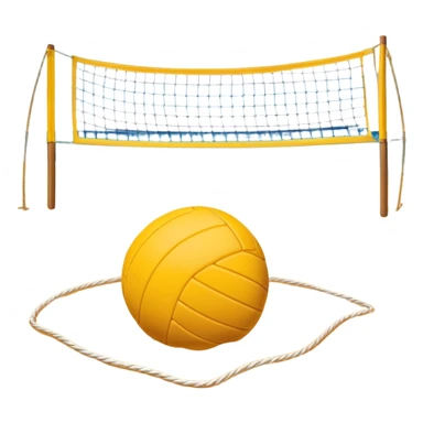 The scene captures the relaxed yet competitive vibe of beach volleyball, with warm sunlight and the natural beauty of the beach. A volleyball resting on the yellow sand on a beach, with the net in the background and a scenic view of the ocean and sky.  sticker