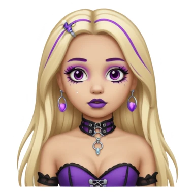 Ai light skin girl , who has straight long length blonde hair with heavy purple streaks , hazel eyes , and doll like makeup , with a septum piercing, nostril piercing, in a black corset emoji sticker