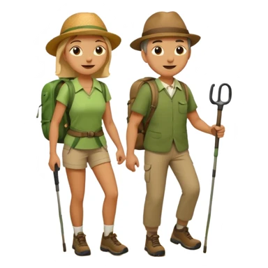 emoticon of a gentleman and lady hiking together, simple expressive faces, minimal lines sticker