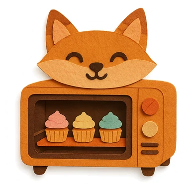 fox-shaped electric oven, baking mini cupcakes, happy expression, soft warm colors, full-body sticker