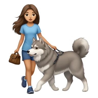 A girl with long brown hair walks a gray Alaskan sticker