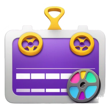 Create a sleek, modern video editing icon with scissors, a film reel, and a color palette, all combined in a minimalistic and clean design. Use vibrant purple tones to reflect creativity and professionalism, with subtle lighting effects. sticker