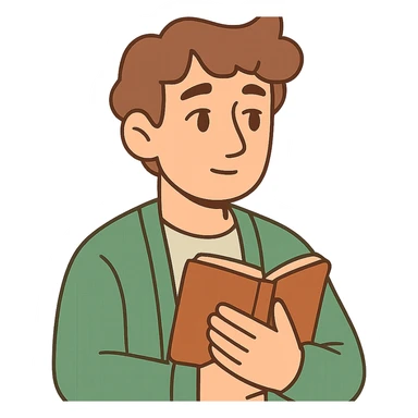 Calm and thoughtful male confidant, fair skin, soft wavy brown hair, gentle eyes, wearing a green cardigan over a light shirt, holding an open journal close to chest, waist-up, front-facing, pure background sticker