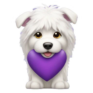 White furry dog with purple heart sticker