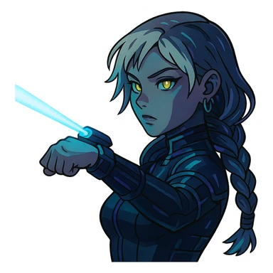  a closeup portrait of young woman with gold yellow eyes, white hair, long braid, black off-shoulder top d-cup, punk gothic style, futuristic cyberwave cyberpunk,  shooting a blue lazer from a small device on her left wrist sticker