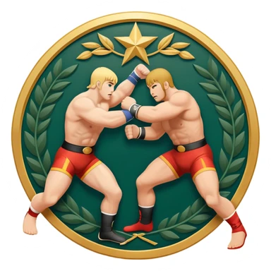 An icon symbolizing wrestling combat sports in the style of an emblem. The design features two wrestlers locked in a powerful grapple, one attempting to take the other down. Surrounding the scene are stylized elements like a championship belt, wrestling mat, and a laurel wreath.  sticker