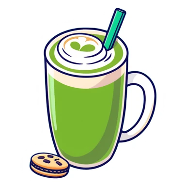 matcha latte in warm olive-brown tones with leaf detail, cute cookie beside it, soft dreamy sticker