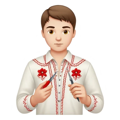 Ukrainian young man in a white embroidered traditional shirt holding a red thread with a needle and pliers sticker