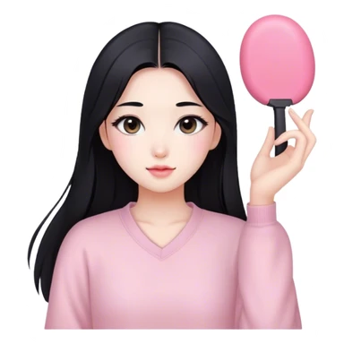 soft pink beauty vlogger girl fair skin with long straight hair. natural makeup like korean girls, black hair sticker